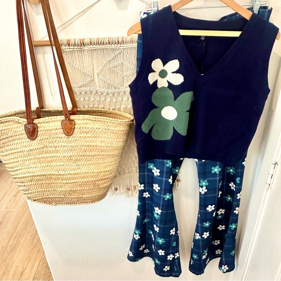 Unique Vintage Plaid Flower Power 70’s Retro Preppy Vest Flair Pants XL Set - Picture 3 of 12
